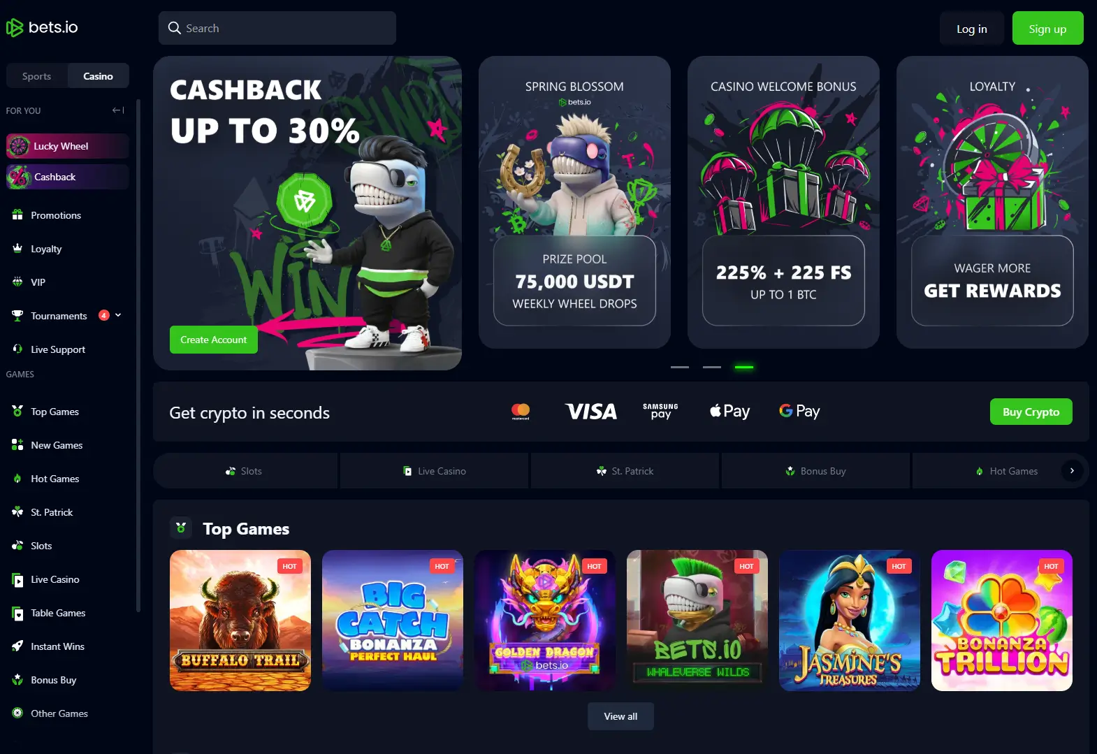 Betsio ana sayfası - kripto casino cashback teklifi ve popüler slot oyunları